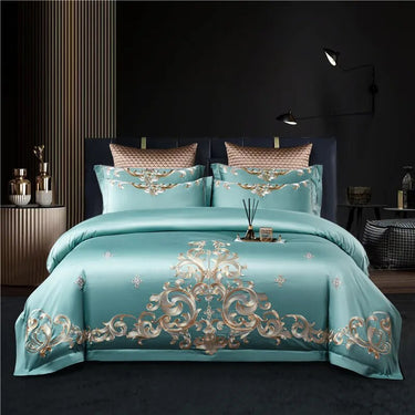 Emeralds Gold Europe Baroque Premium Embroidery 100%Cotton Duvet Cover Bedding Set